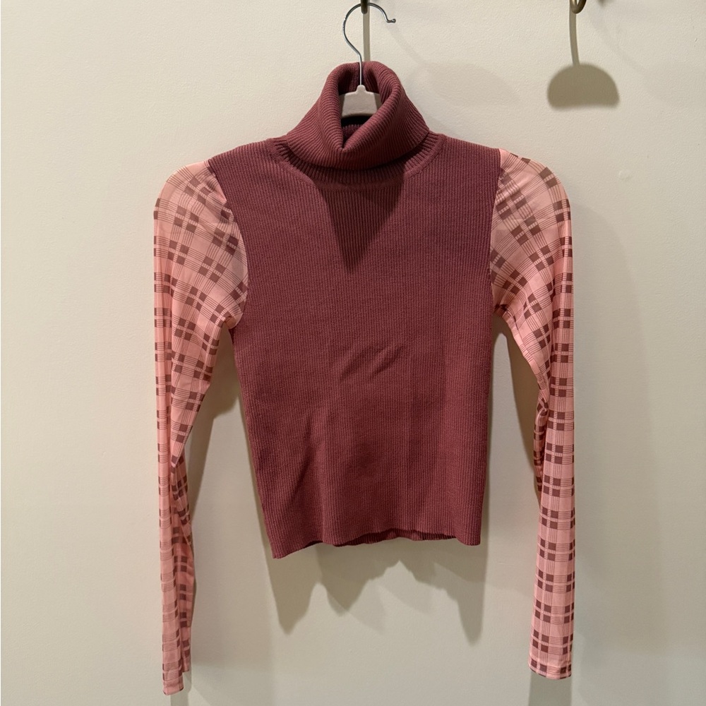 Zara Dusty Pink Turtleneck Sweater with Sheer Plaid Sleeves
